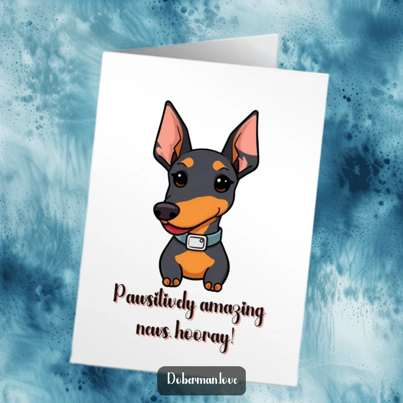 Funny Free Printable Congratulations Card: A proud Kawaii Doberman sporting a chic collar, celebrating success with flair.