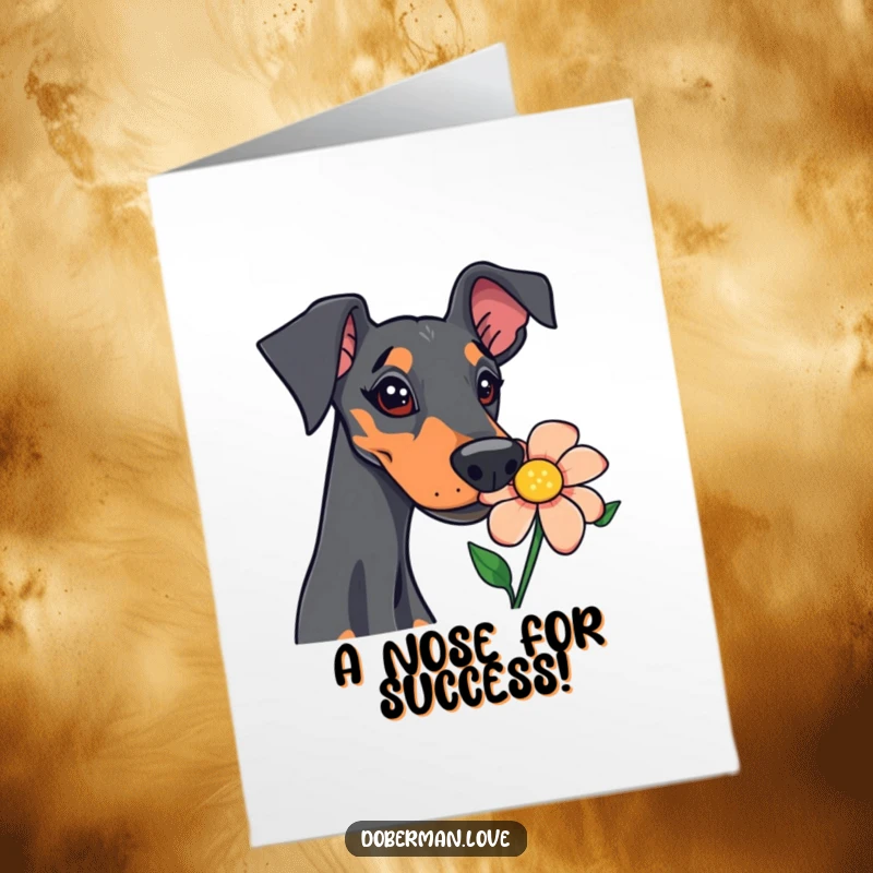 Funny Free Printable Doberman Congratulations Card: Curious dog with pointy ears investigating a bright yellow flower.