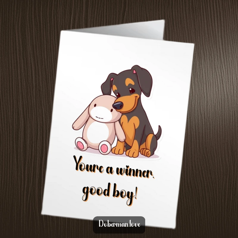 Funny Free Printable Congrats Card: A doberman playfully nudging a large toy, cheering on your success.