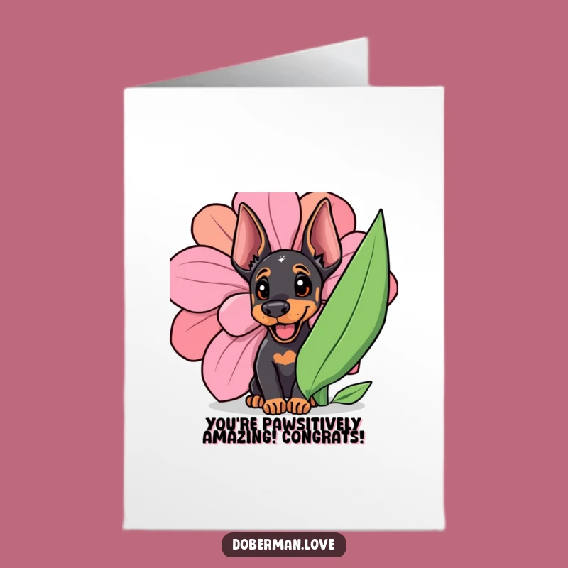 Free Printable Doberman Congrats Card: Joyful Cub Flower Surprise Downloadable Gift
