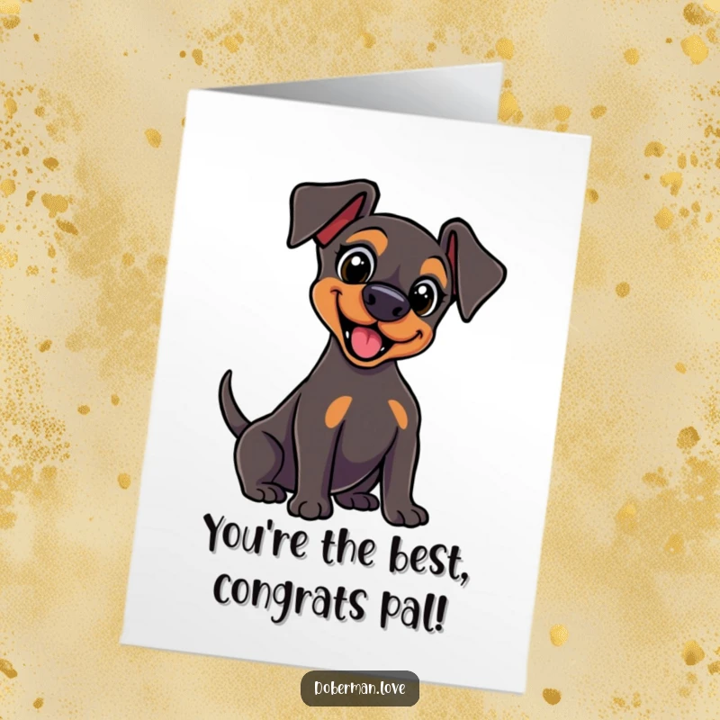 Funny Free Printable Kawaii Doberman Congratulations Card, wide excited eyes, wagging its tail vigorously, celebrating exciting achievements.
