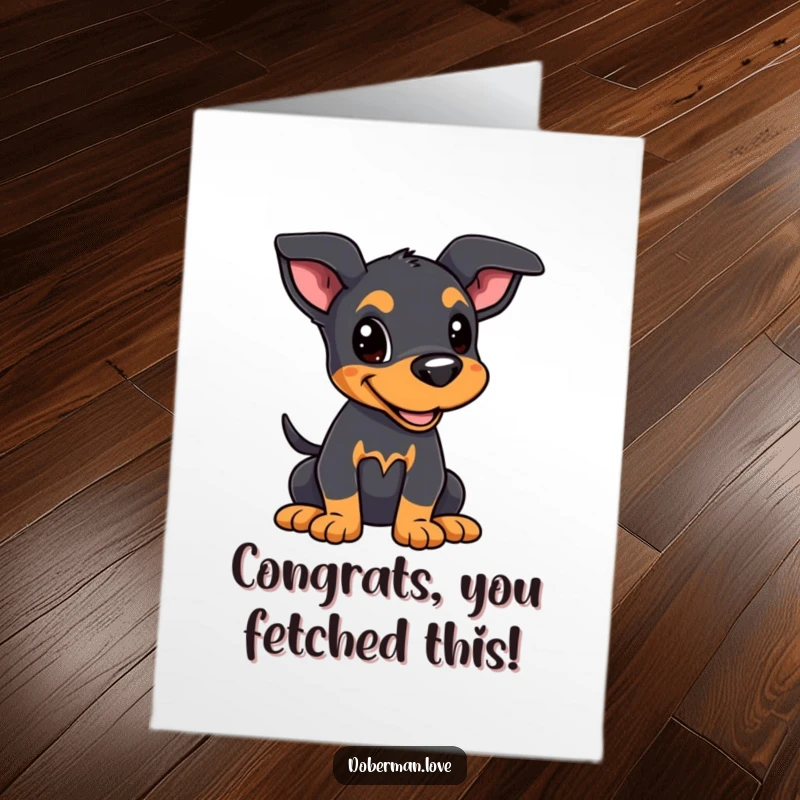 Funny Free Printable Congrats Card: Kawaii Doberman puppy with perked ears and a furiously wagging tail, celebrating.