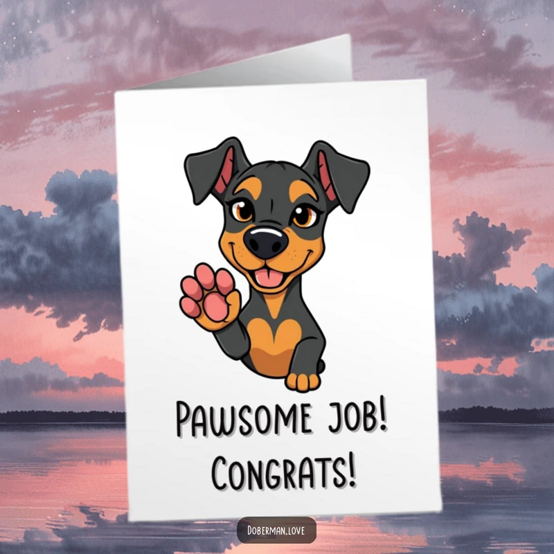 Free Printable Congratulations Card: A Doberman dog with a sly grin, offering its paw in celebration.