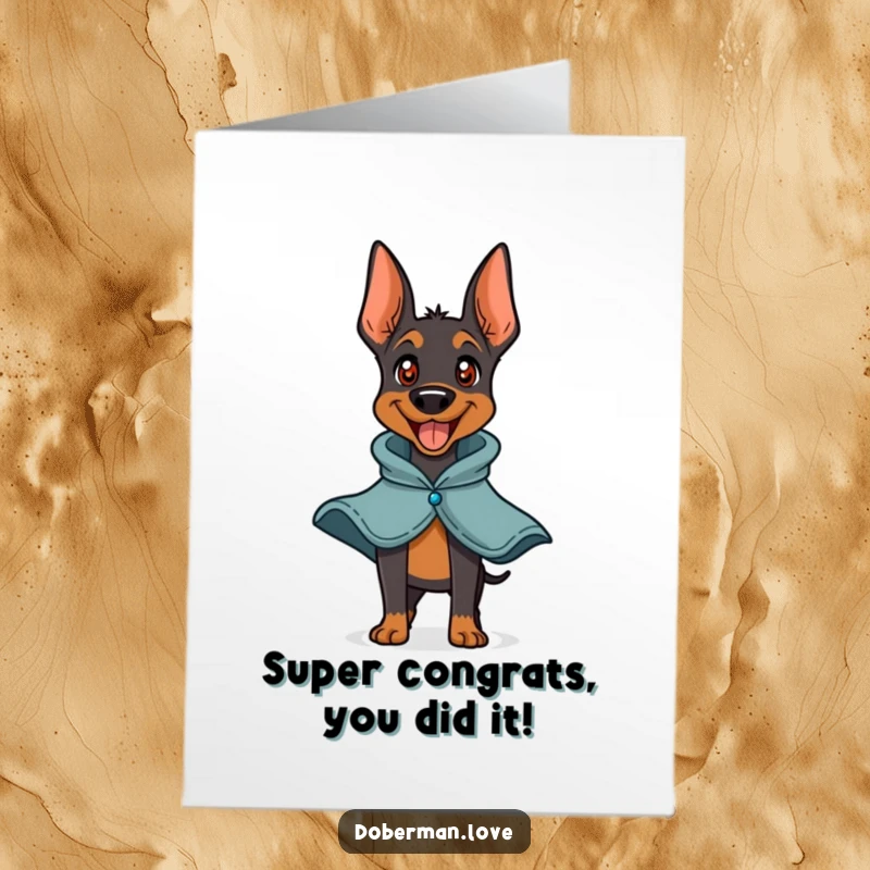 Funny Free Printable Congratulations Card: A happy, cape-wearing Doberman barking triumphantly after a victory.