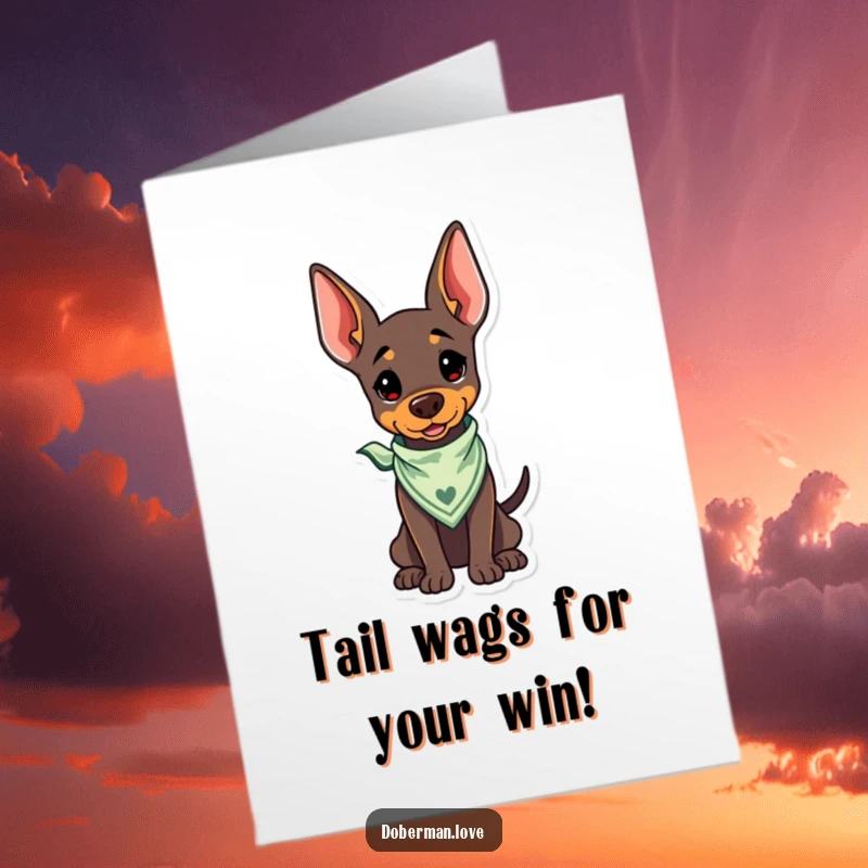 Funny Free Printable Congratulations Card: Kawaii Doberman wearing a bandana, tail wagging, happy dog illustration.