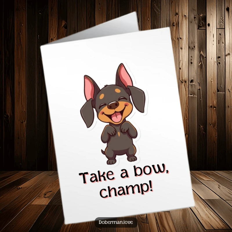 Funny Free Printable Doberman Congratulations Card: Joyful dog with closed eyes, executing a playful bow, downloadable celebration.