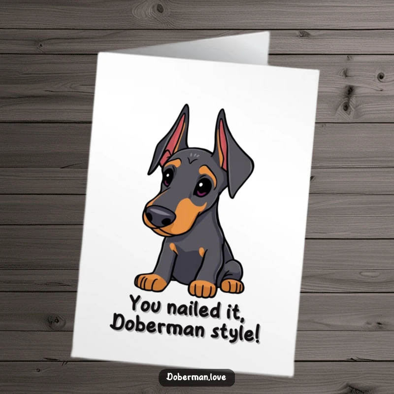 Funny Free Printable Congrats Card: Sleek Doberman with alert ears looking thoughtfully curious, expressing clever well-wishes.