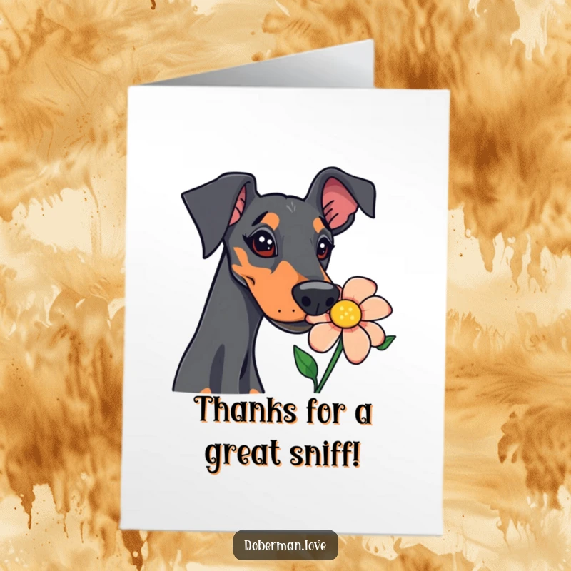 Funny Free Printable Doberman Thank You Card: Curious black and tan Doberman sniffing a purple flower intently.