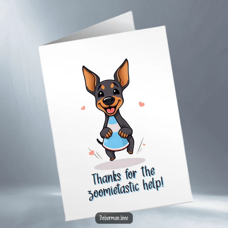 Funny Free Printable Thank You Card: Giggling Doberman doing zoomies around a cone, expressing thanks with delight.