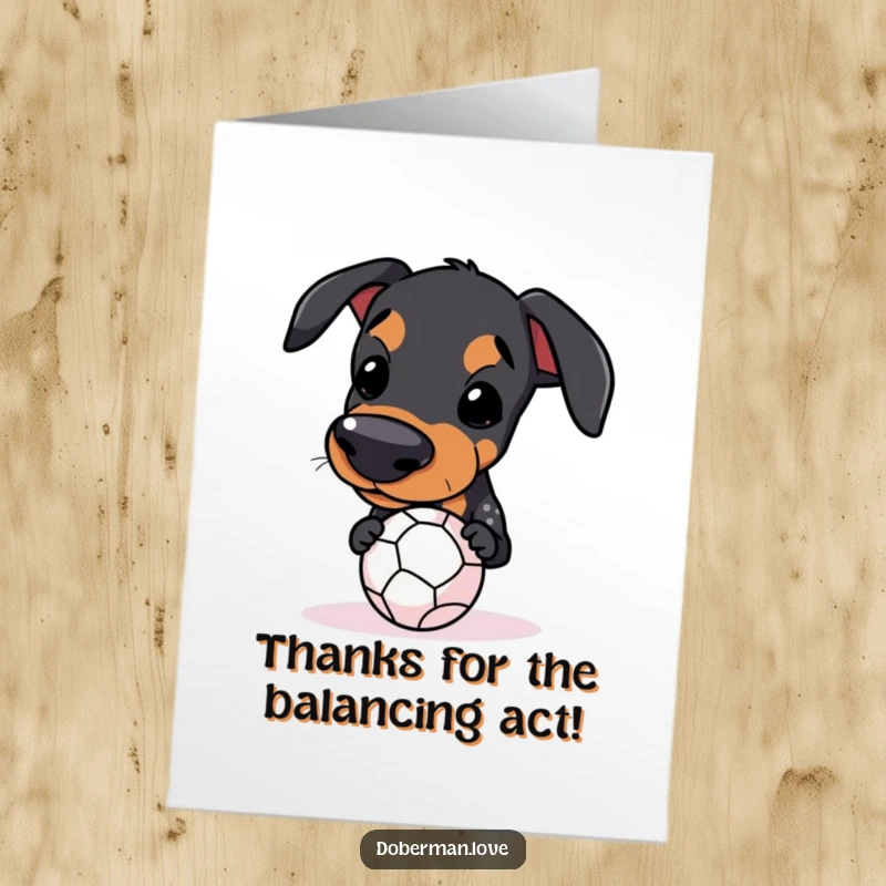 Funny Free Printable Thank You Card: Kawaii Doberman balancing a small ball on its snout, cute dog art.
