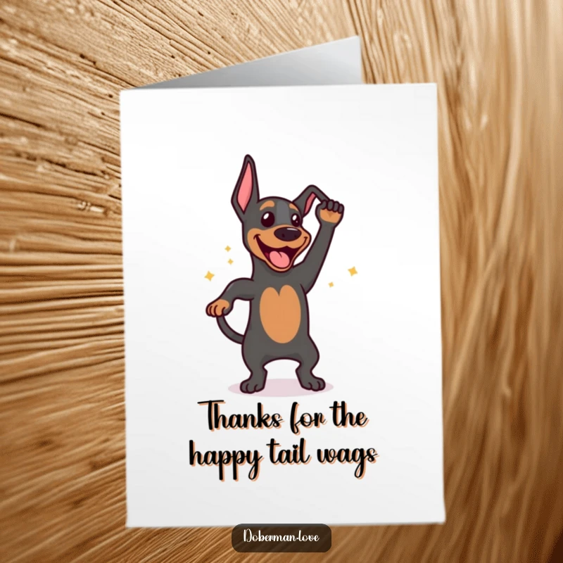 Funny Free Printable Thank You Card featuring a happy Doberman dog doing an excited tail wag dance, sending thanks with canine joy.