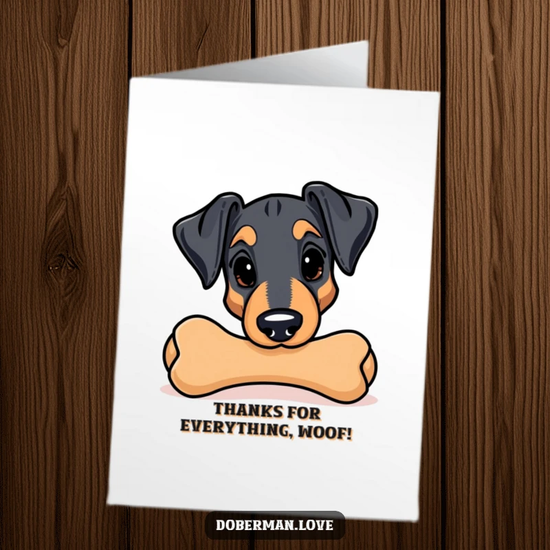 Funny Free Printable Thank You Card: A Kawaii Doberman peeks playfully from behind a chew toy, sharing thanks with a wag.