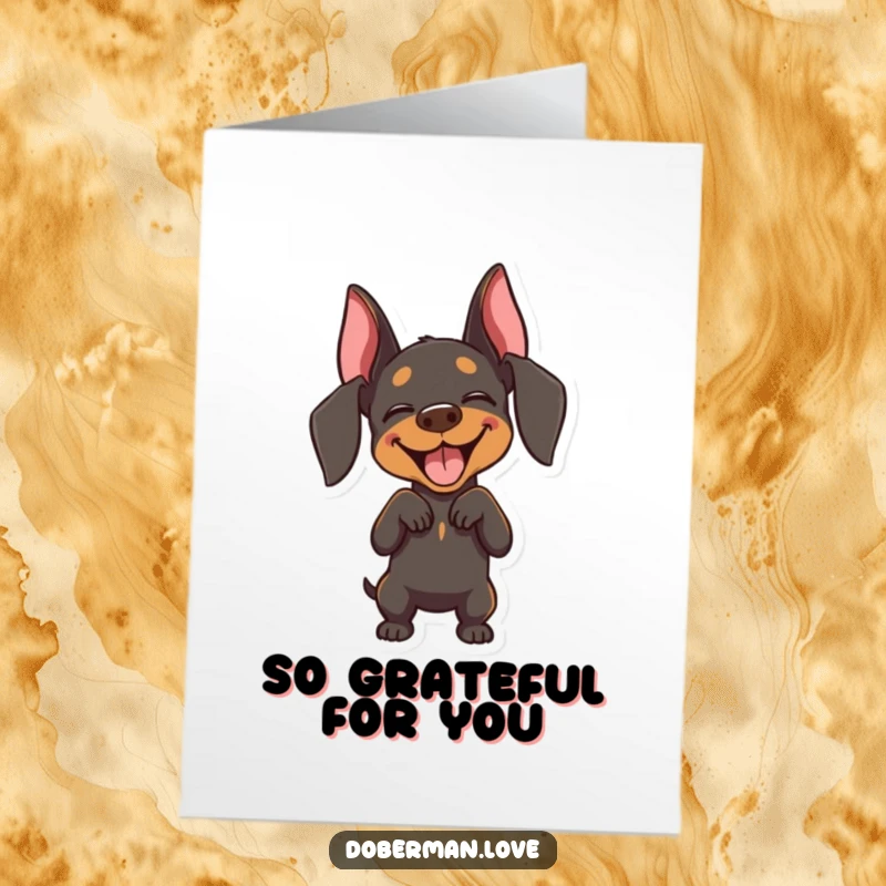 Funny Free Printable Doberman Thank You Card: Joyful dog with eyes closed, doing a playful bow, downloadable appreciation.