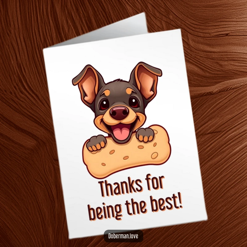 Funny Free Printable Thank You Card: A joyful Doberman puppy peeking from an oversized dog biscuit, saying thank you.