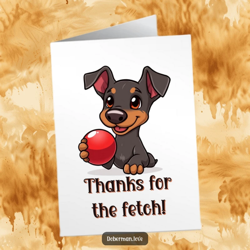 Free Printable Thank You Card: A doberman with adoring eyes happily offers a gleaming red ball as a thank you.