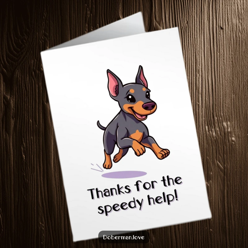 Funny Free Printable Thank You Card of a sleek doberman with a shiny coat, running with pure speed.
