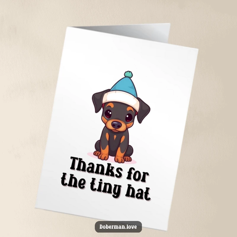 Funny Free Printable Thank You Card: A sweet Doberman puppy poses humorously with a tiny hat.