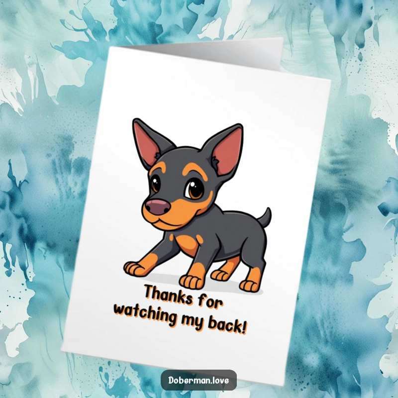 Funny Free Printable Thank You card showing a kawaii doberman with sleek ears in a protective stance, offering thanks.