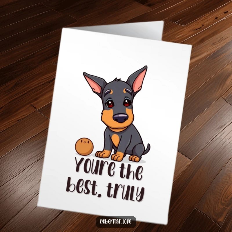 Funny Free Printable Doberman Thank You Card: Curious dog tilting head, investigating an odd thing, downloadable appreciation.
