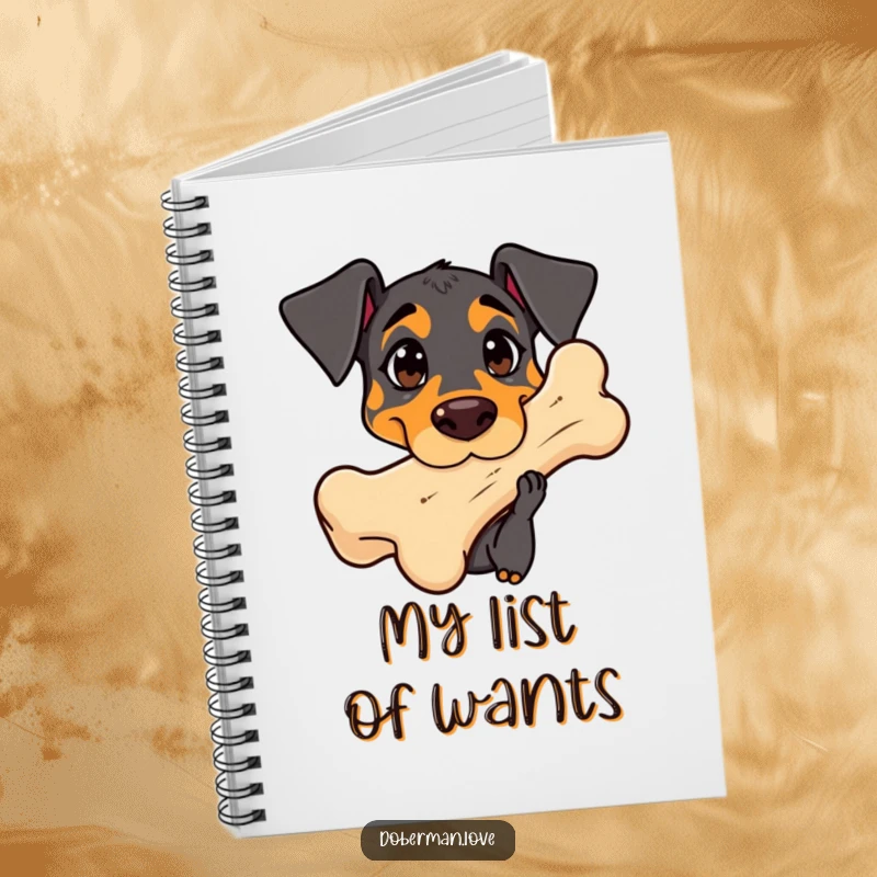 Funny Doberman Notebook: Cute kawaii dog with curious eyes sniffing a giant bone, ready for notes.