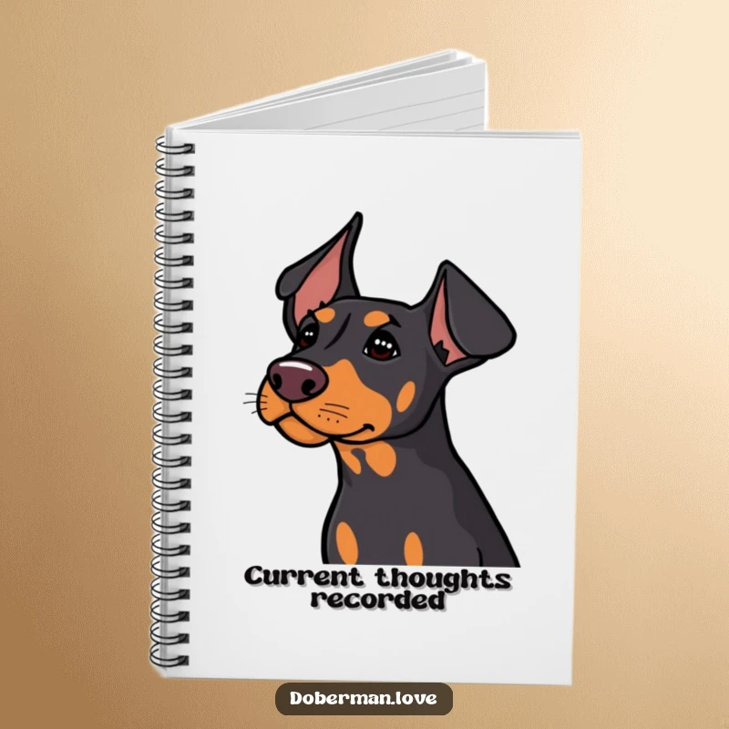 Funny Doberman with ears perked, listening intently, gracing the cover of this stylish notebook.
