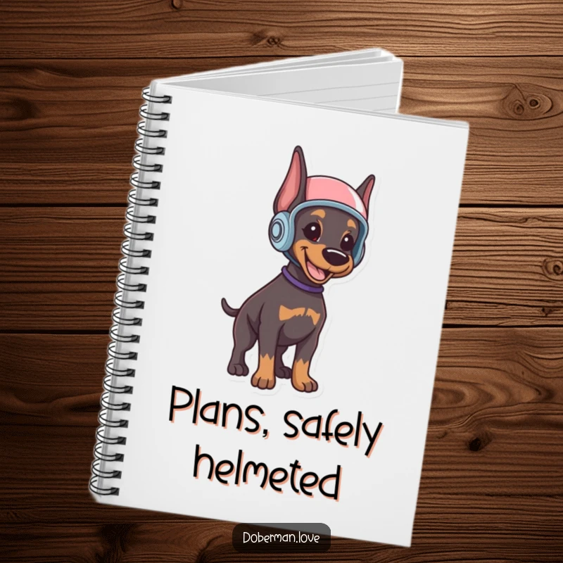 Funny Doberman puppy notebook with a smiling, helmet-wearing puppy standing alert, perfect for jotting down ideas with a touch of bravery.