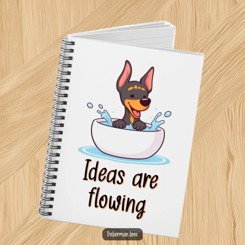 Funny Doberman Notebook: Cute kawaii dog splashing water, perfect for jotting down ideas with a smile.