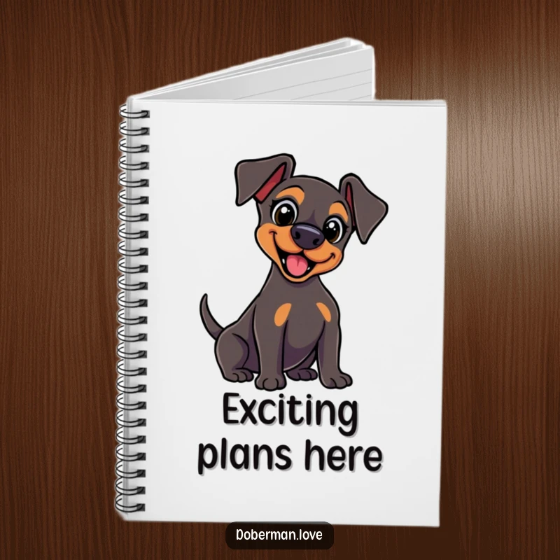 Funny kawaii Doberman notebook with wide, excited eyes and a vigorously wagging tail, perfect for writing, journaling, and energetic thoughts.