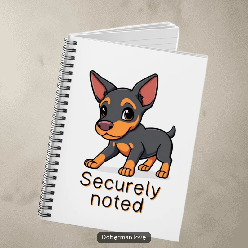 Funny Protective Doberman Notebook: a sleek-eared kawaii dog in a protective stance, perfect for jotting down notes and important information.
