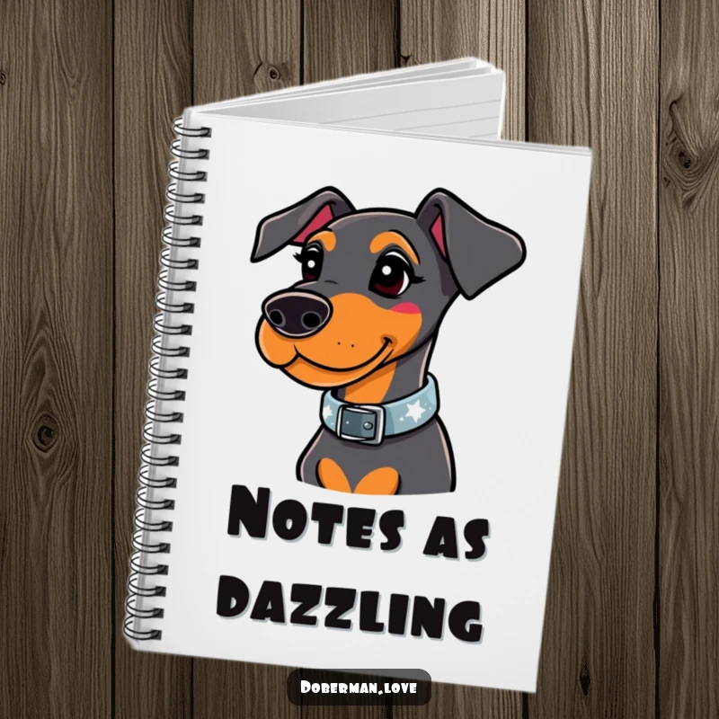 Funny doberman notebook with a whimsical dog wearing a stylish collar that sparkles brightly, inspiring elegance.