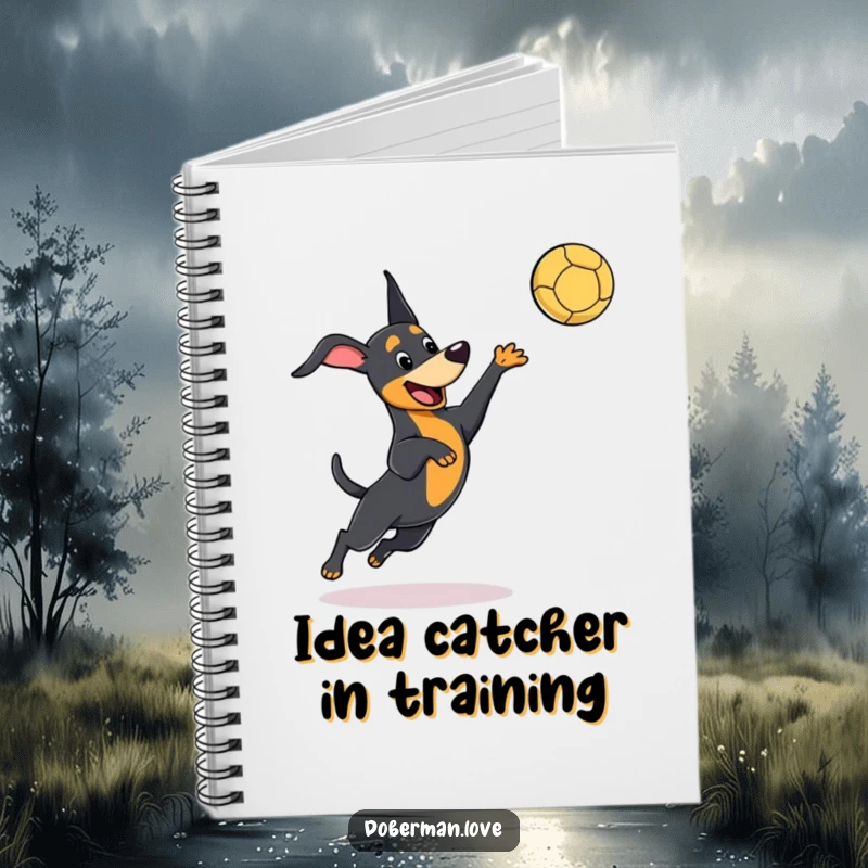 Funny kawaii Doberman notebook featuring a dog playfully leaping to catch a ball, perfect for jotting notes with playful humor.