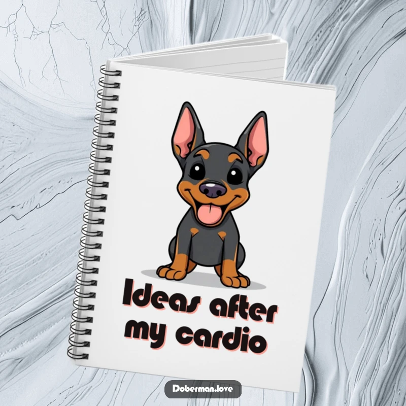 Funny Doberman notebook with a happy dog panting, tongue out post-exercise, inspiring creativity and joy for note-taking.