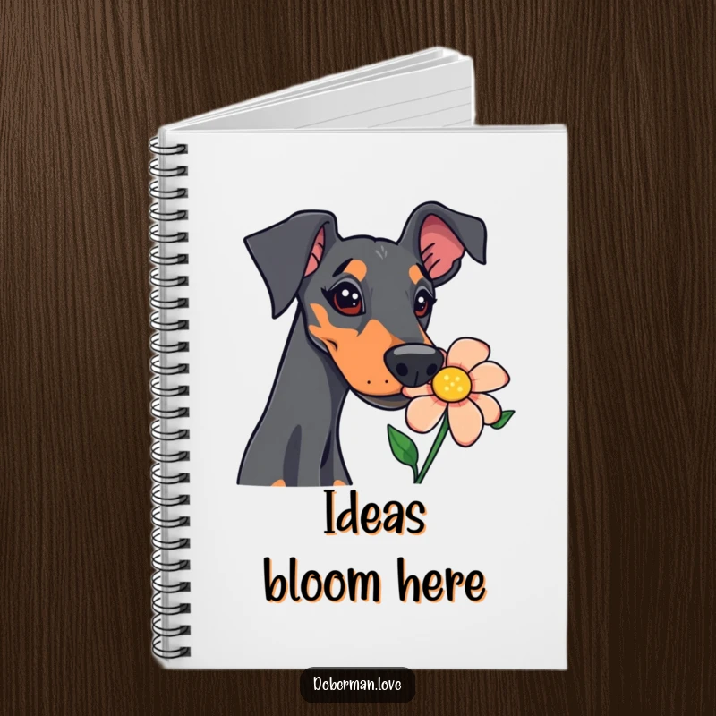 Funny doberman notebook featuring a curious dog sniffing a vibrant flower, ideal for capturing thoughts with a humorous touch.