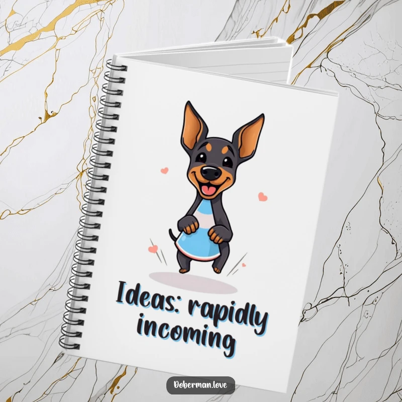 Funny doberman notebook with a giggling dog doing a happy zoomie around a cone, inspiring joy with every page.