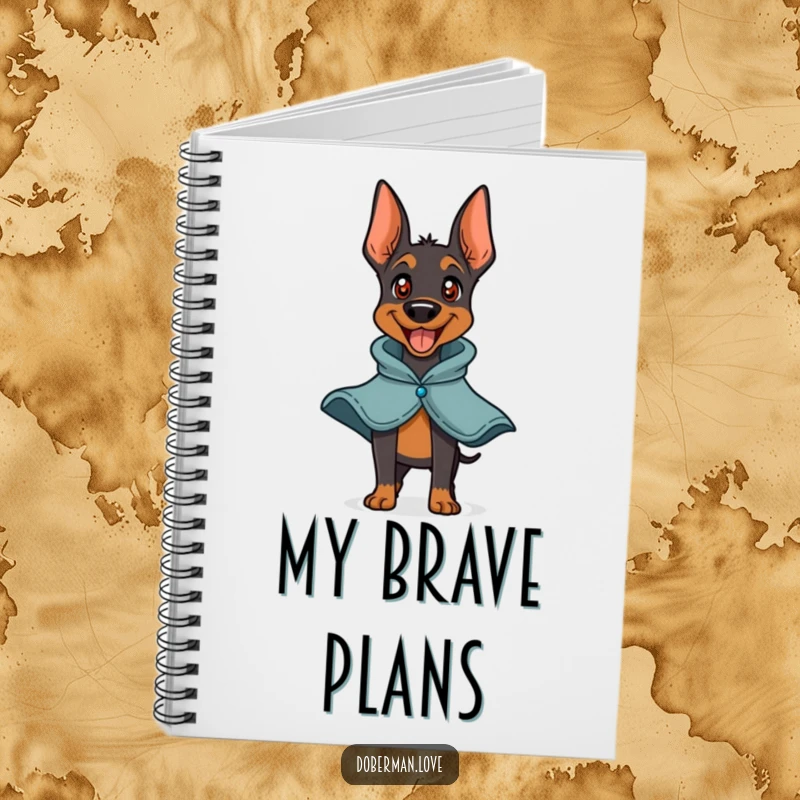 Funny Doberman Hero Notebook with a playful doberman barking happily with a small cape. Ideal for writing, planning, and organizing thoughts with a heroic touch.