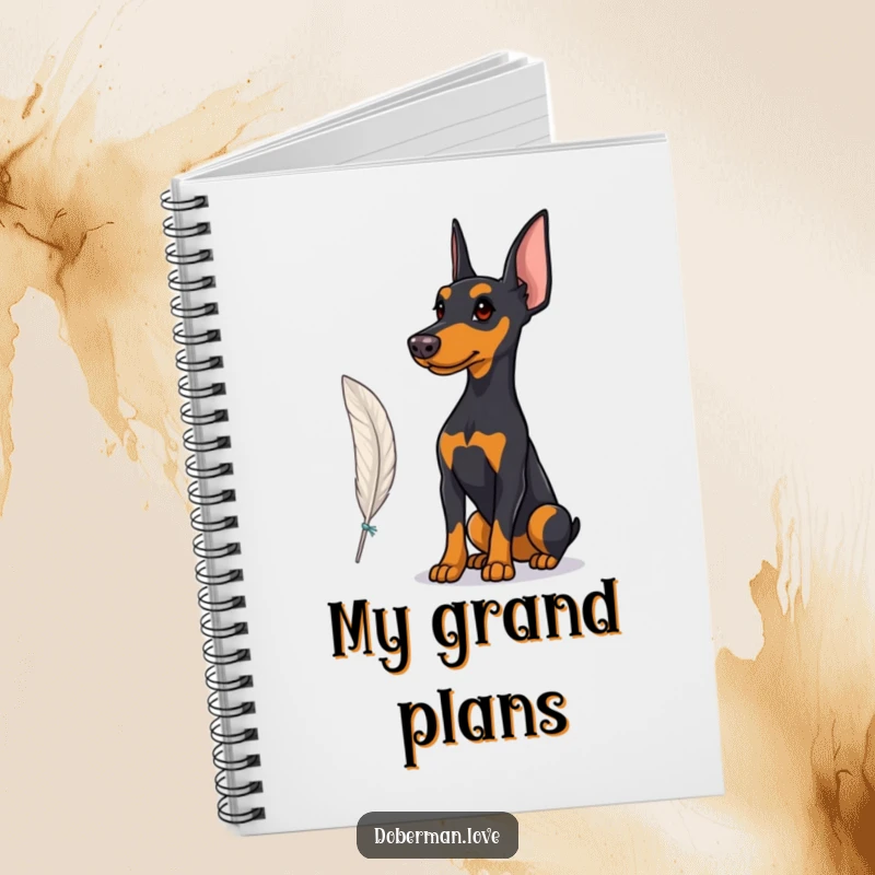 Funny Notebook with a proud Doberman in a stance observing a fluttering feather, ideal for journaling and thoughtful writing.