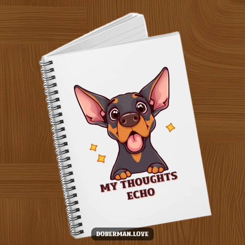 Funny notebook featuring a Doberman dog with a comically surprised expression, reacting to its own echo.