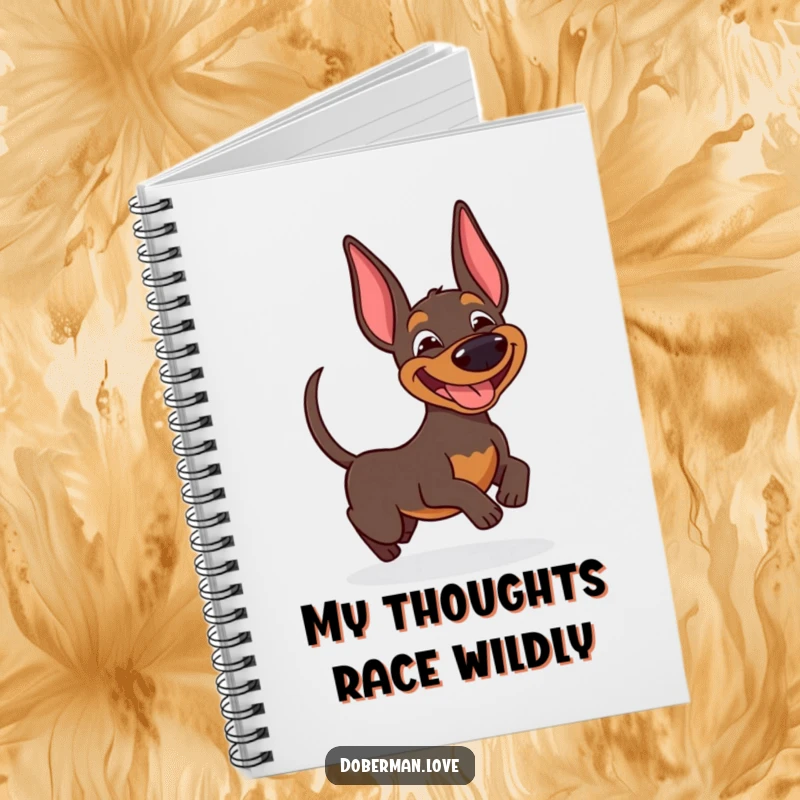 Funny Doberman notebook with a happy, grinning dog enthusiastically chasing its own wagging tail, perfect for notes.