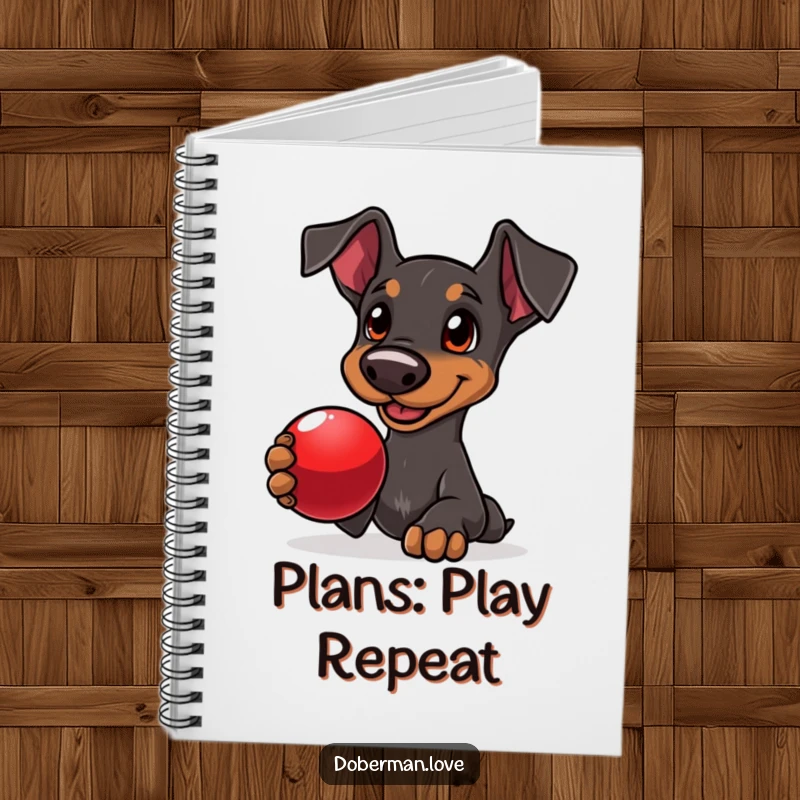Funny Doberman notebook with a delighted dog with loving eyes, offering a shiny red ball, perfect for jotting notes.