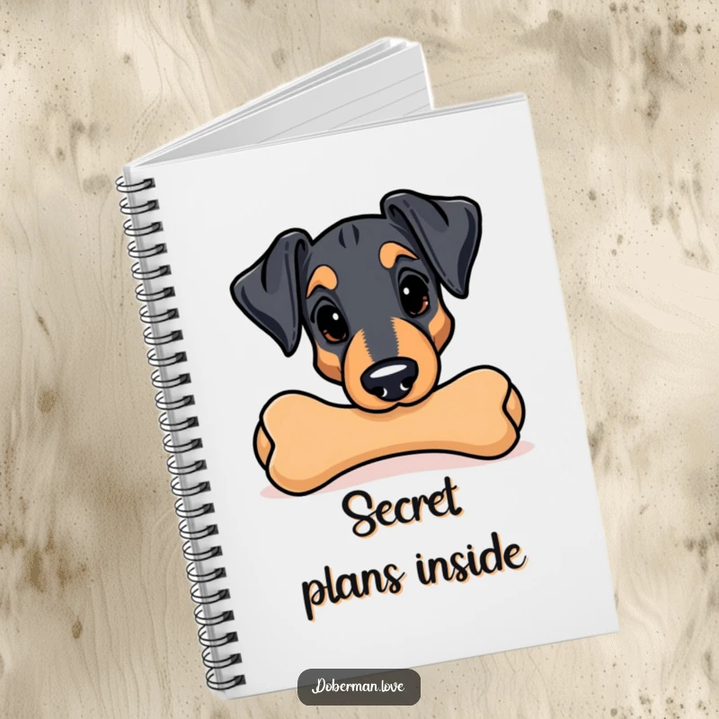 Funny Kawaii Doberman notebook; a mischievous dog peeks from behind a chew toy, ready to inspire creativity.