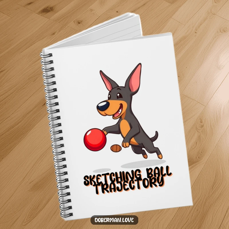 Funny Doberman Notebook: Playful Doberman leaping to catch a red ball, perfect for notes and ideas, humorous canine design.