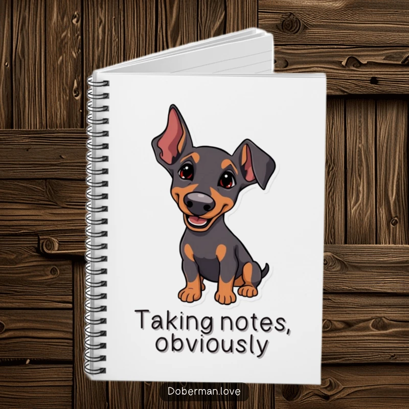Funny Notebook with a Doberman whose ears are perked, listening intently with a happy tilt, ideal for focused note-taking.