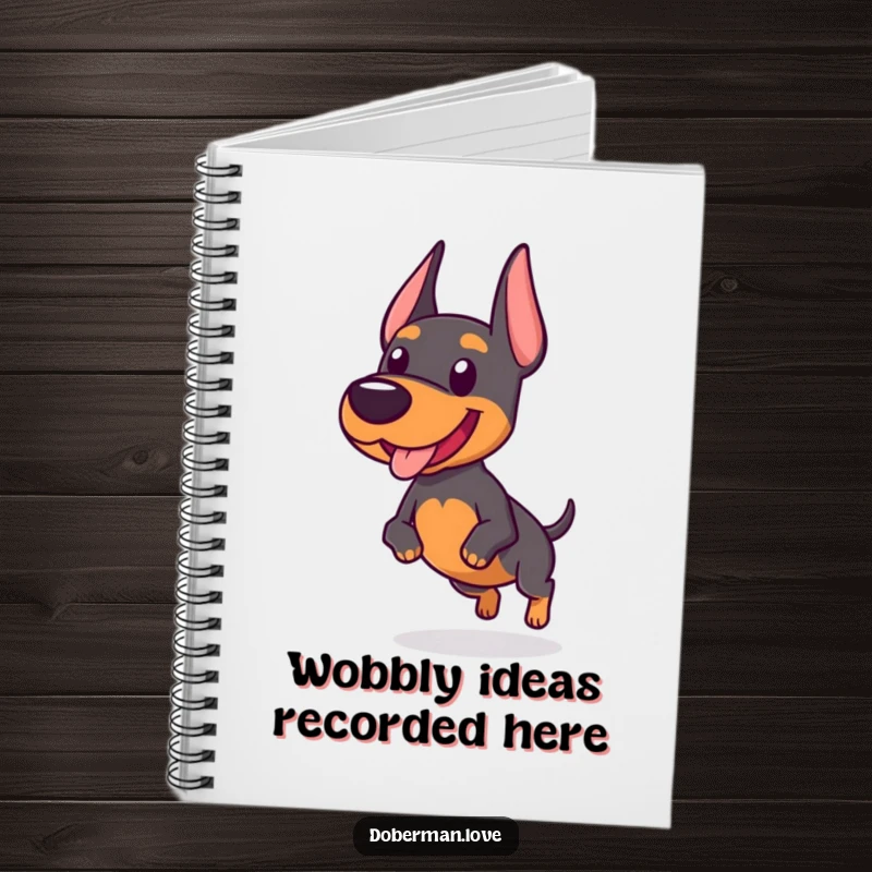 Funny notebook featuring a chubby Doberman dog with a characteristic wobbly trot, perfect for capturing funny thoughts.