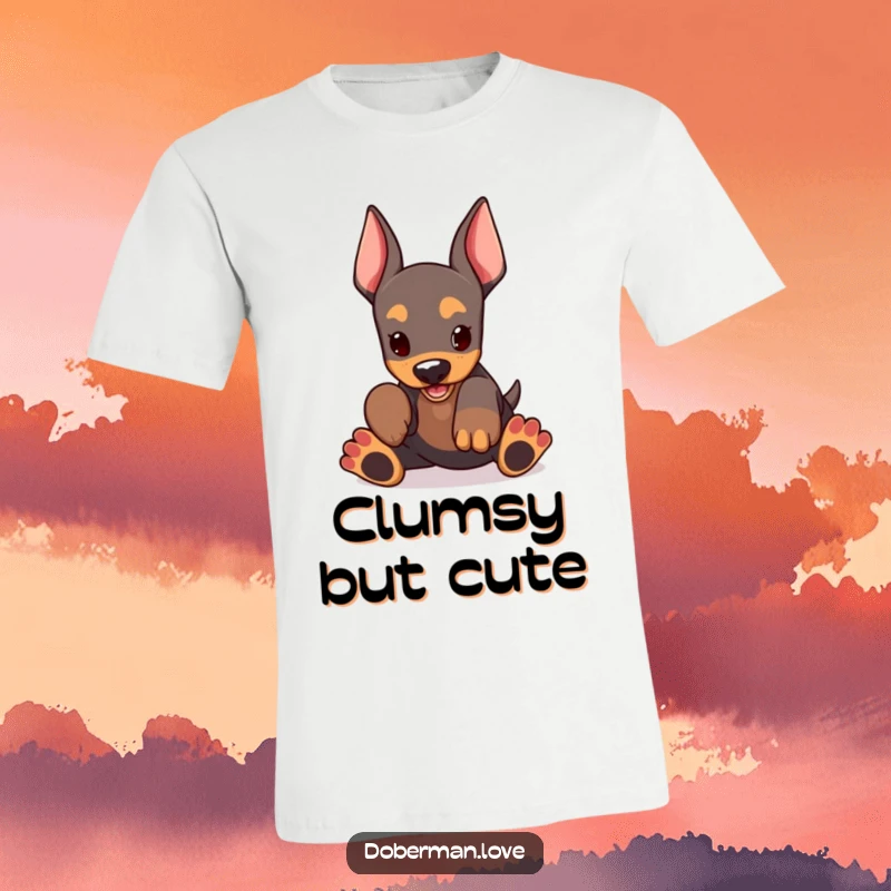 Funny Doberman Puppy T-Shirt showing a kawaii doberman with comically large paws, caught in a moment of pure, unadulterated playful joy.