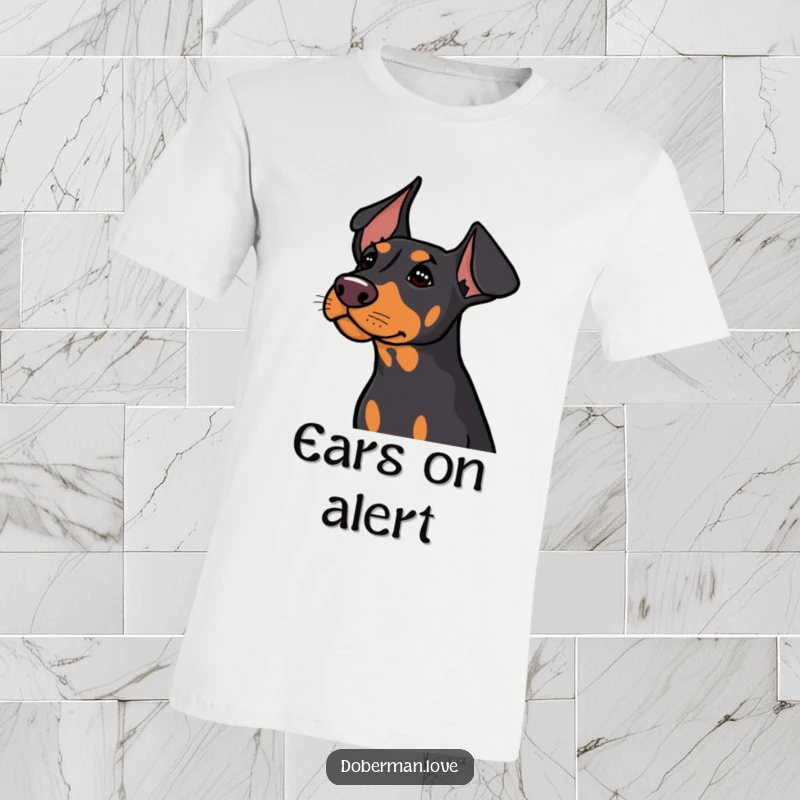 Funny Doberman dog with its cute ears fully perked, head cocked, indicating intense focus on a distant noise.