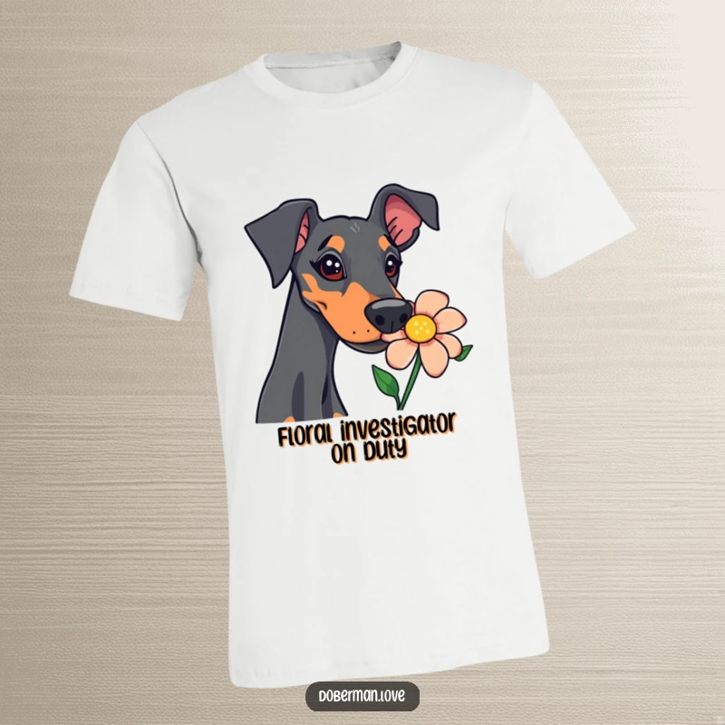 Funny doberman t-shirt depicting a curious dog deeply sniffing a colorful flower, radiating playful interest and a humorous personality.