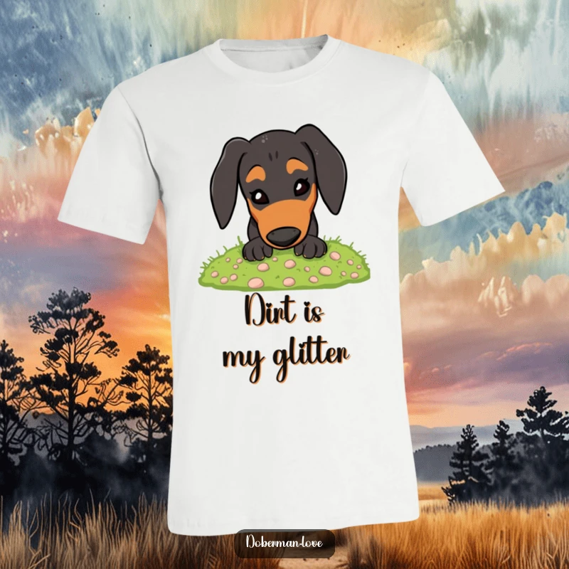 Funny Doberman T-Shirt: Energetic dog digging enthusiastically in soft moss, a comical depiction for dog fans.