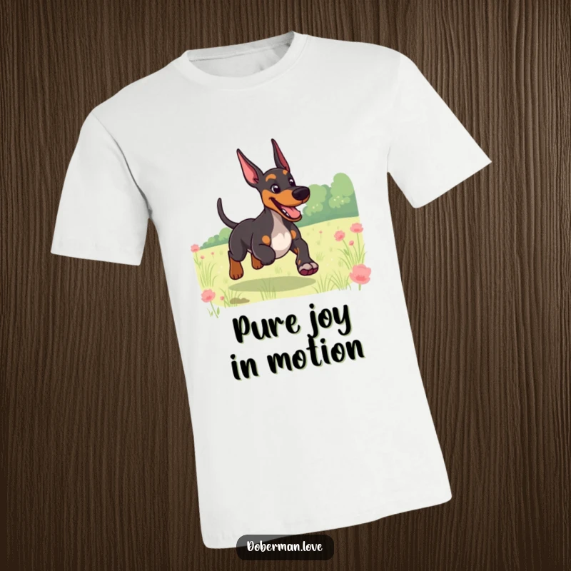 Funny t-shirt depicting a giggling Doberman with a wildly wagging tail, running at top speed through a grassy field.