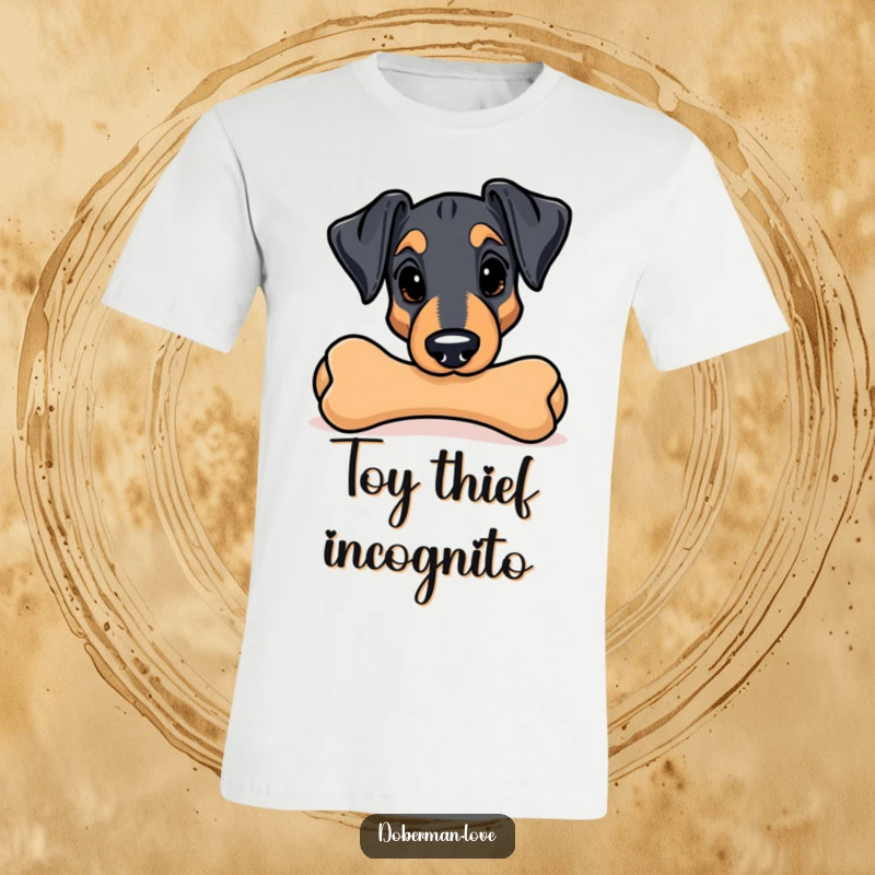 Funny Doberman t-shirt; a cute Kawaii dog peeks mischievously from behind a huge chew toy, showcasing playtime.