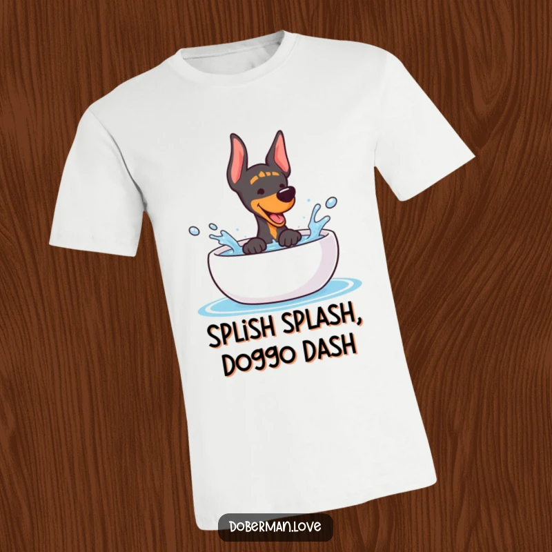 Funny Doberman T-Shirt: Cute kawaii dog having a blast splashing in its water bowl, radiating pure delight.